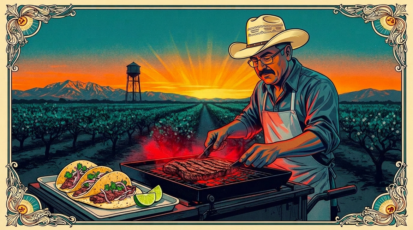 Colorful cartoon taco party spread with happy tacos and festive decorations